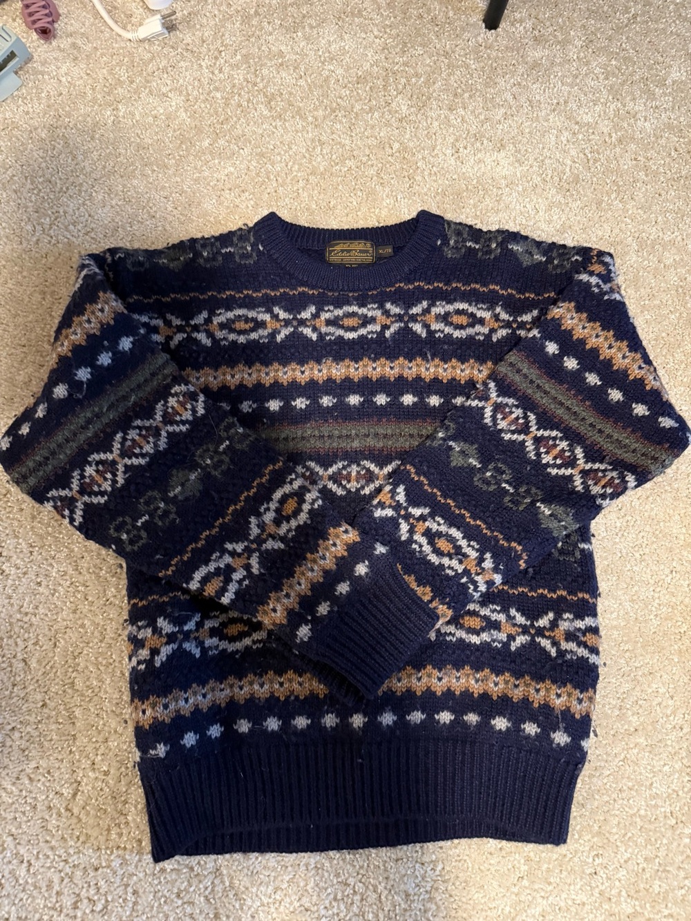 Vintage Thick Eddie Bauer Navy Fair Isle Pattern Crewneck Sweater
